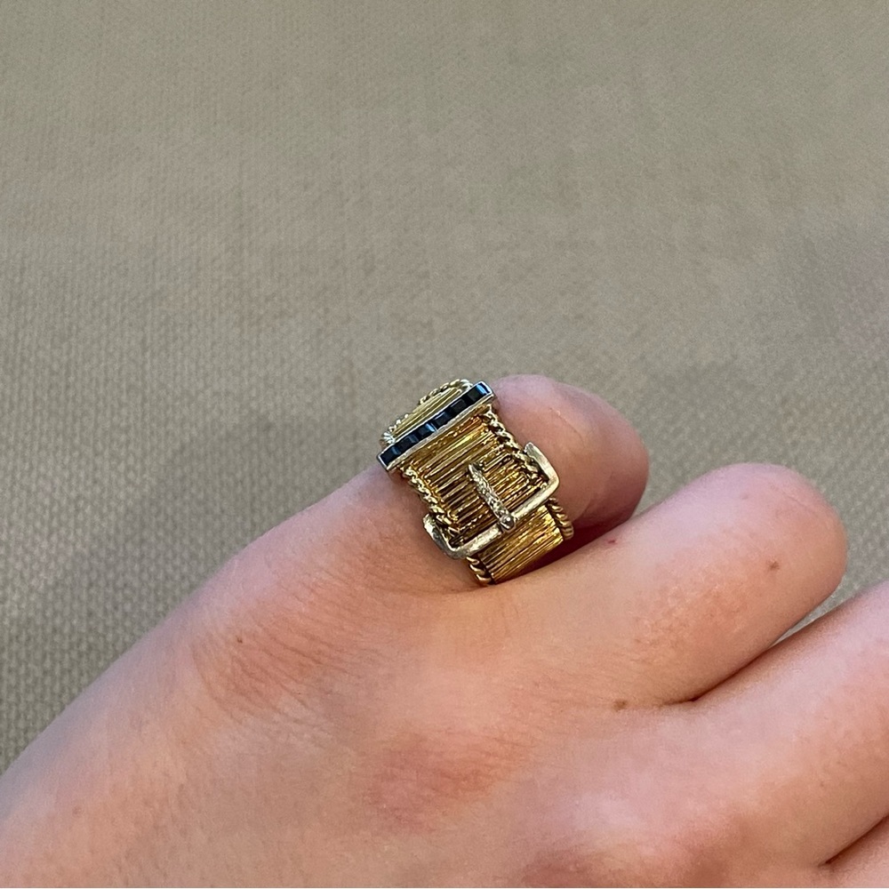 Vintage💙18KT Gold💙 Diamond and Sapphire Mini Belt Buckle Ring - Picture 5 of 15